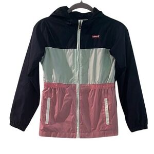 Kids Vintage Levi's Navy, White and Pink Hooded  Windbreaker Jacket.